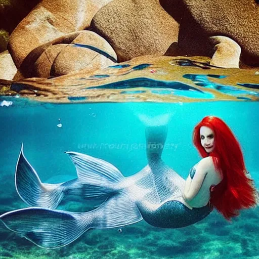 Image similar to beautiful curvy perfect mermaid under the water with flowing tail swims peacefully under the ocean surface on a warm sun filled day, her red hair trails behind her floating in the water. natural beauty gorgeous stunning photo