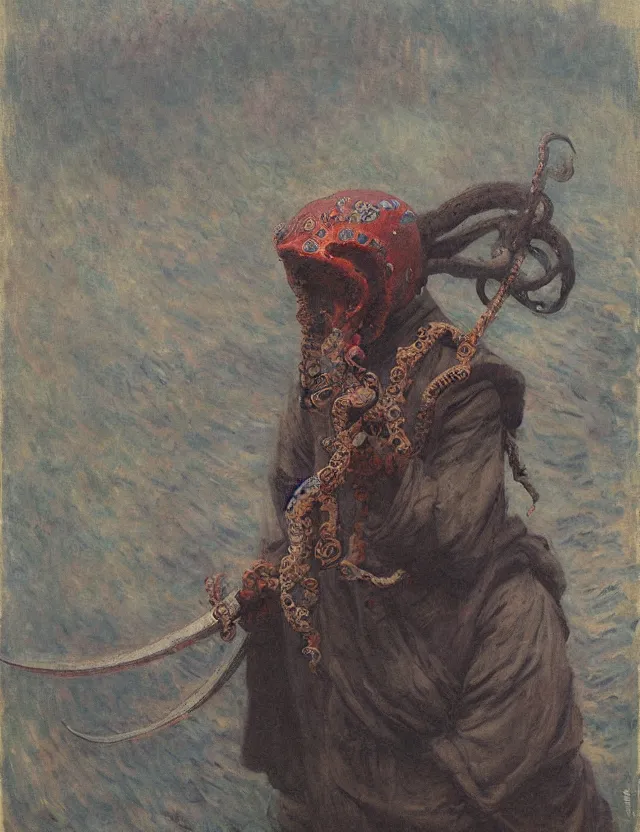 Image similar to a magical fantastic non human samurai with a octopus mask by jeremy lipkin, by claude monet, made with millions of stroke, japanese inspiration, wonderful details, crazy colors 1 0 %, pale sober colors 9 0 %