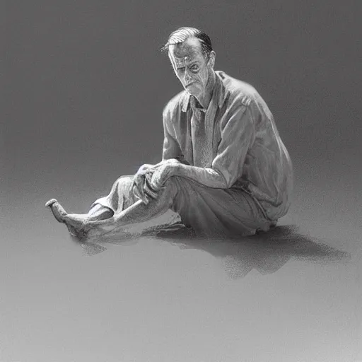 Image similar to a highly detailed epic cinematic concept art CG render digital painting artwork costume design: Henry Fonda as a 1950s tired disillusioned poet, barefoot, holding a small cigarette between his fingers. volumetric lighting. By Greg Rutkowski, in the style of Francis Bacon and Syd Mead and Norman Rockwell and Beksinski, open ceiling, highly detailed, painted by Francis Bacon and Edward Hopper, painted by James Gilleard, surrealism, airbrush, Ilya Kuvshinov, WLOP, Stanley Artgerm, very coherent, triadic color scheme, realistic facial expression, art by Takato Yamamoto and James Jean