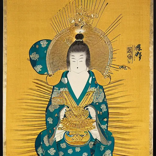 Image similar to a golden deity with the head of the baby harp seal, radiating golden light, wearing royal kimono, Japanese ink drawing from 1700