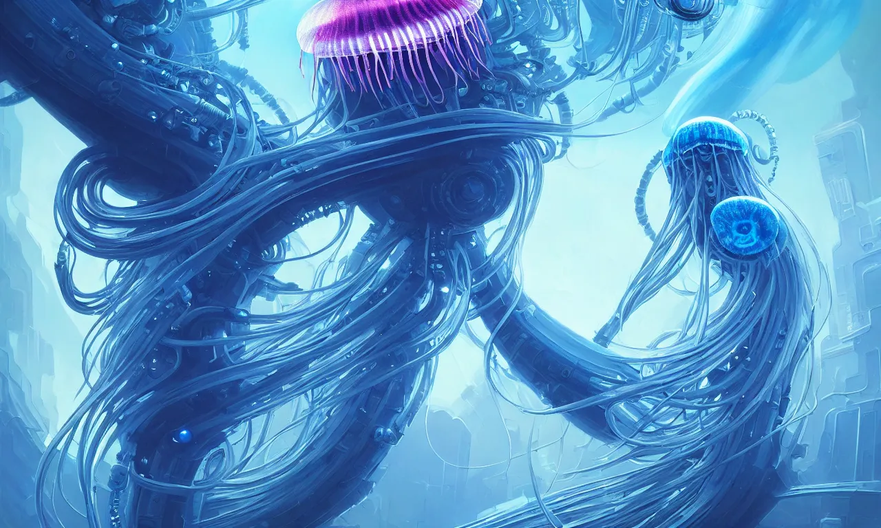 Image similar to Panorama hyper detailed painting of a cyberpunk jellyfish, blue tones, underwater, 8 mm, highly detailed, digital painting, artstation, concept art, smooth, sharp focus, illustration, art by artgerm and greg rutkowski and alphonse mucha