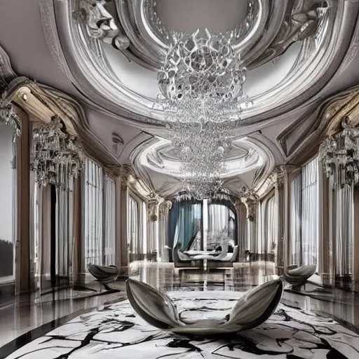 Image similar to living space designed by Zaha Hadid with baroque elements. Ultra futuristic design that combines ornate baroque with clean organic minimalist forms.. Beautiful space with epic details