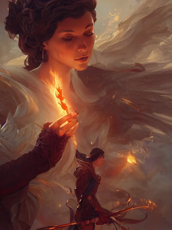 Image similar to young summoner with a fire elemental, fantasy, man, intricate, elegant, highly detailed, digital painting, artstation, concept art, wallpaper, smooth, sharp focus, illustration, art by artgerm and greg rutkowski and alphonse mucha