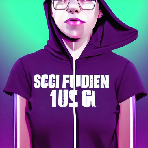 Image similar to poster artwork, sci fi, a female, full body, black hoodie techie, black hair with purple streaks, 8 k