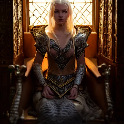 Image similar to the elder scrolls vi, charismatic rega blonde high elf female jarl, portrait, throne room, atmospheric lighting, painted, intricate, volumetric lighting, beautiful, daytime, sunny weather, slight overcast, sharp focus, deep colours, ultra detailed, by leesha hannigan, ross tran, thierry doizon, kai carpenter, ignacio fernandez rios