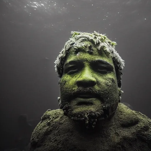 Prompt: Award-winning photograph by Mar Mann. The photo depicts a decaying roman bust of Tim Maia overgrown with moss at the bottom of the sea in the middle of ruins of civilization. Minimalism, high definition, perfect composition. Deep sea picture. Very dark. Volumetric Lighting. Fish. Darkness. Ruins