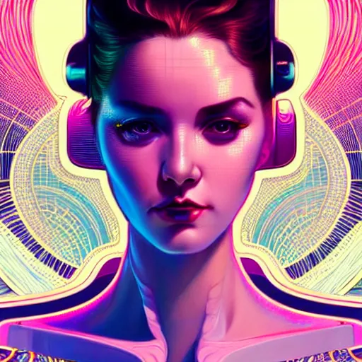 Image similar to high quality, high detailed portrait of a space queen, a cyberpunk character in a retro - futuristic world, white porcelain translucent skin. hyperrealism, intricate details, cables, wires. connectors led. tristan eaton, victo ngai, artgerm, rhads, ross draws, alphonse mucha, pastel colors, vintage, artstation, vector gradient. 8 k