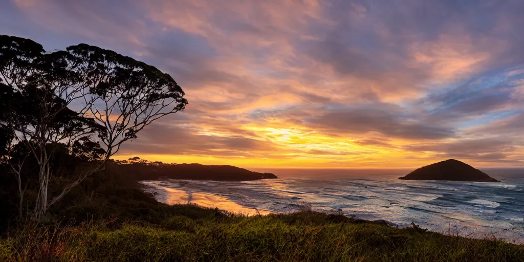 Prompt: sunrise over Byron Bay lighthouse, cinematic lighting, wide angle landscape photography, hyperrealistic, 8k