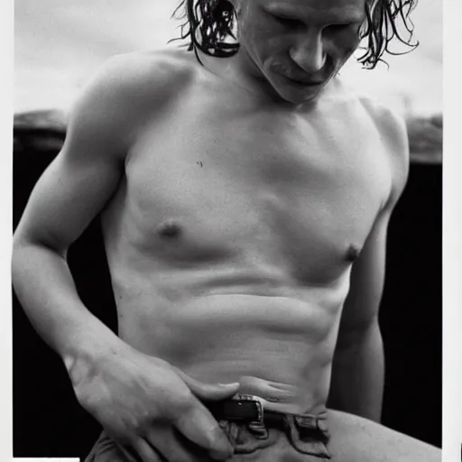 Prompt: heath ledger showing his arm pits, by nan goldin, by larry clark, by terry richardson, fashion, vman magazine