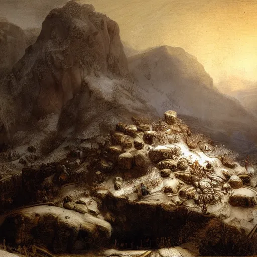 Prompt: painting of a huge pile of books on the middle of a valley in winter by rembrandt, incredible detail, volumetric light, unreal engine