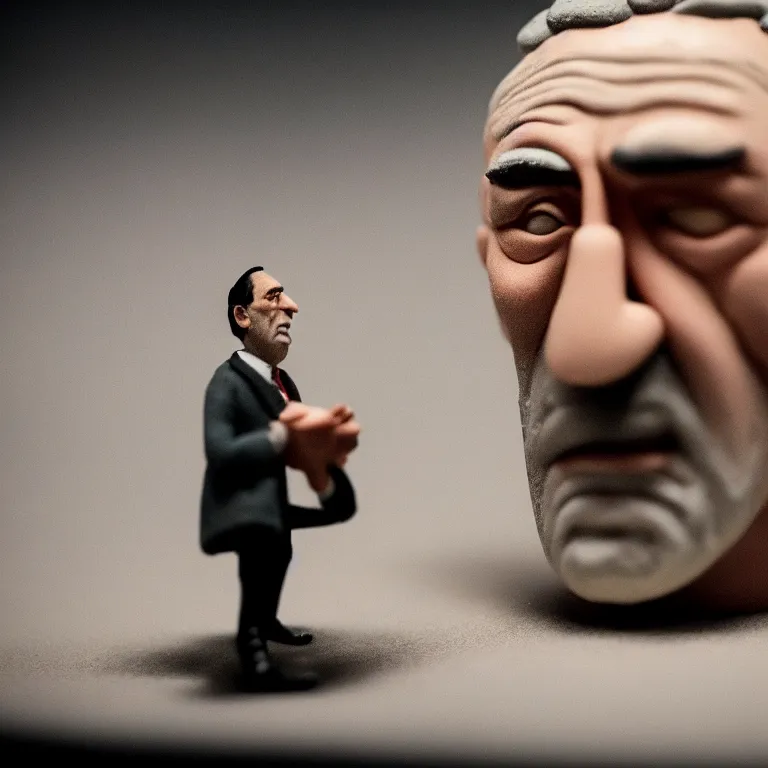 Image similar to a cinematic film still of a claymation stop motion film starring robert de niro, portrait, shallow depth of field, 8 0 mm, f 1. 8