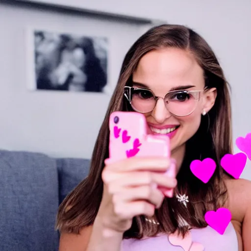 Image similar to a highly detailed college girl that looks like Natalie Portman taking a picture of herself trying to be an influencer with cute pink hearts in the air
