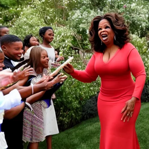 Prompt: Oprah Winfrey releasing bees to her audience laughing maniacally