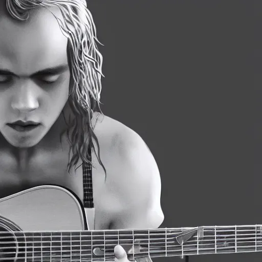 Prompt: Frank Dillane shirtless playing guitar, Photo-realistic, unreal render, octane render, high detail, in the style of artgerm