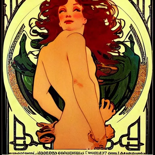 Prompt: redhead womanposter style by designer Maurice Pillard-Verneuil, alphonse mucha, maxfield parrish