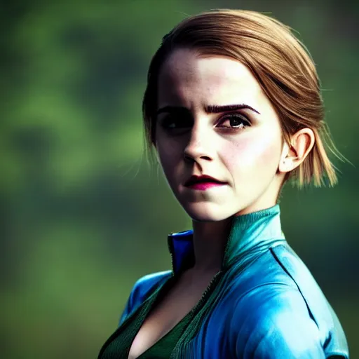 Image similar to Emma Watson modeling as Ruto from Zelda, (EOS 5DS R, ISO100, f/8, 1/125, 84mm, postprocessed, crisp face, facial features)