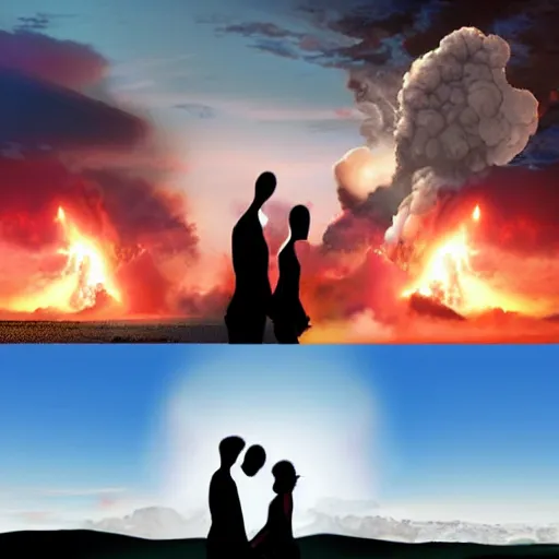 Image similar to a young couple watching a nuclear explosion, romantic, uplifting, happy, apocalytic detailed digital matte painting