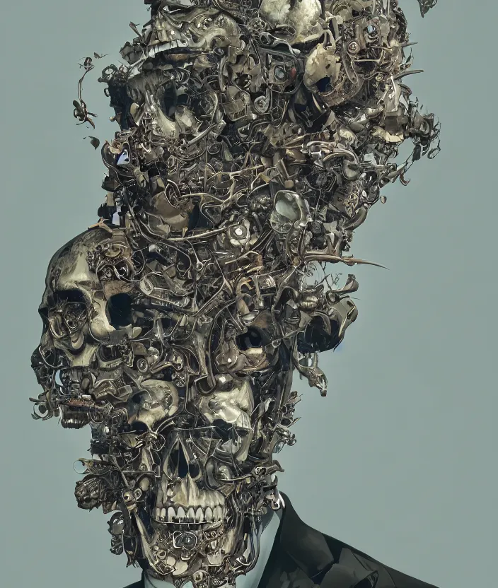 Image similar to portrait of a skull in a suit. intricate abstract. intricate artwork. nightmare fuel. by Tooth Wu, wlop, beeple, dan mumford. octane render, trending on artstation, greg rutkowski very coherent symmetrical artwork. cinematic, hyper realism, high detail, octane render, 8k, iridescent accents