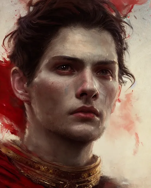 Image similar to close up of a young emperor wearing an armor ; masculine man with thin faces line and perfect jawline, two sides brown hair, elegant, ethereal horror fantasy art by greg rutkowski, jeremy mann, magali villeneuve and claude monet, large shoulders, red background