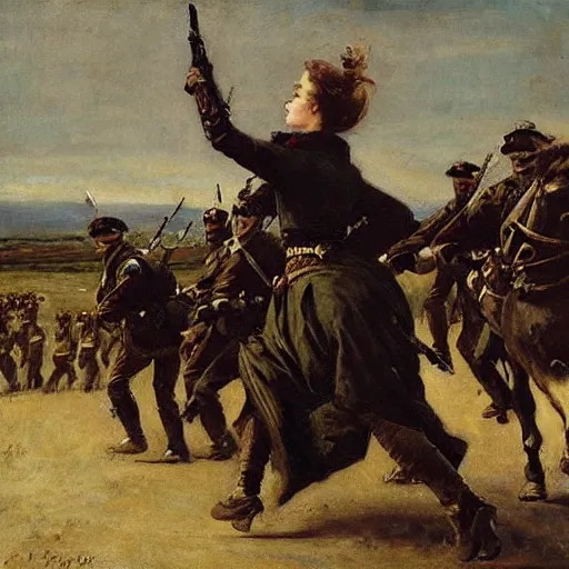 Image similar to action heroine leading an army by foot, by alfred stevens