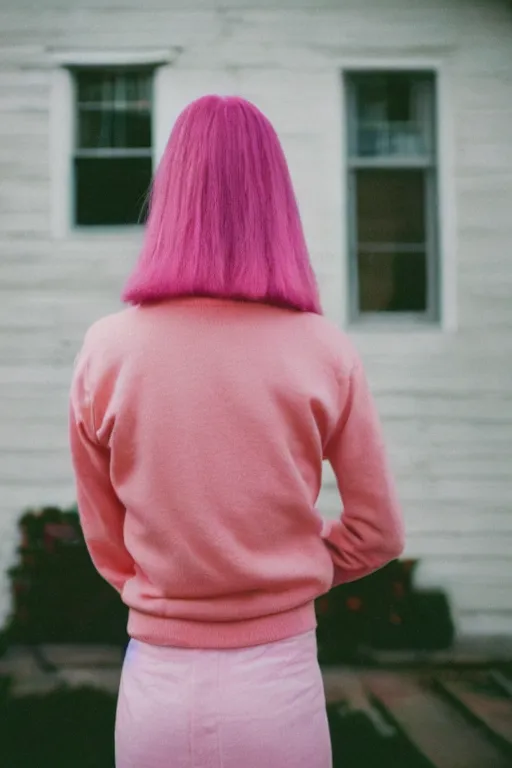 Prompt: photography, close-up of woman from behind looking at weird pink house, daylight, 35mm