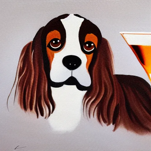 Image similar to painting of a brown and white spaniel at a smokey bar with a Martini, fine art, dots, brush marks, light effect