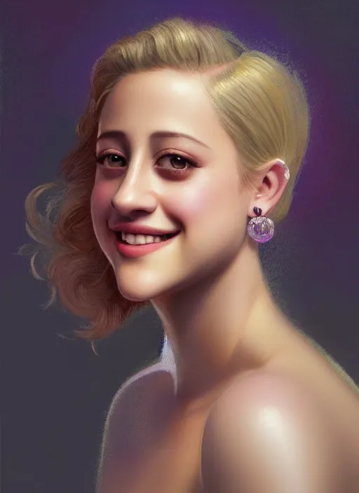 Image similar to portrait of lili reinhart with fluffy bangs, smiling kindly, bangs, 1 9 6 0 s, ponytail, curly bangs and ponytail, rounder face, intricate, elegant, glowing lights, highly detailed, digital painting, artstation, concept art, smooth, sharp focus, illustration, art by wlop, mars ravelo and greg rutkowski