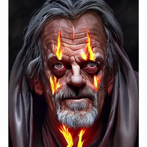 Image similar to Christopher Lloyd as Satan, burning and falling from the sky, full_body!!, dungeons and dragons portrait, highly_detailed!!, digital painting, artstation, concept art, sharp focus, illustration, art by artgerm and greg rutkowski and alphonse mucha