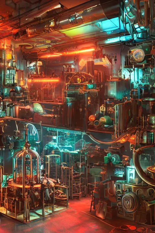 Image similar to wide angle on mad steampunk laboratory filled with alchemy equipment, pespective giant neon screens, sci - fi vending machine, art deco, octane render, dynamic light, volumetric light, neon lights, cinematic mood