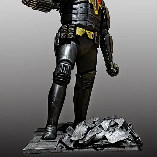 Prompt: statue of judge dredd holding a mechanical arm of fallen foe