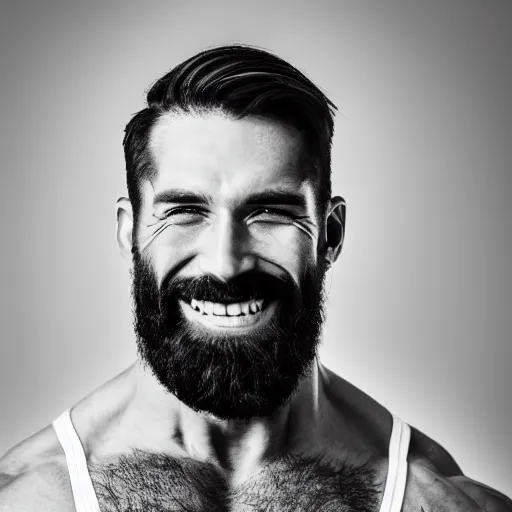 Image similar to black and white photography of a very muscular man smiling with a chiseled jawline and trimmed beard