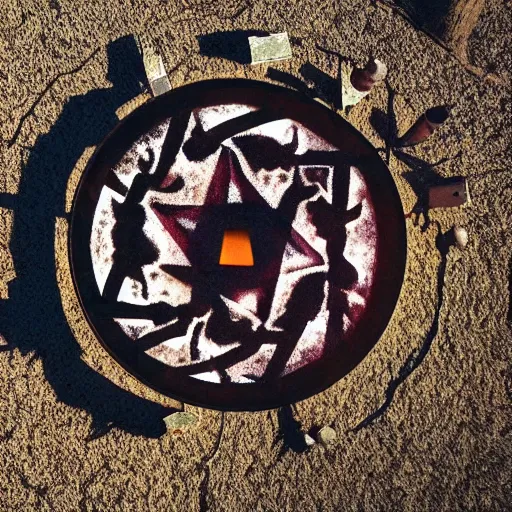 Image similar to ancient demon summoning, magic, shot from drone, witchcraft, night, bright lights, circle, symmetry, screenshot