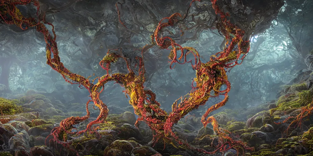 Image similar to Photorealistic symmetrical intricate detailed picture of a levitating floating fungus spirit with arms outstretched, made from colourful fungus tendrils. a gentle rising mist, an epic rocky landscape. occult photorealism, UHD, amazing depth, glowing, golden ratio, 3D octane cycle unreal engine 5, volumetric lighting, cinematic lighting, cgstation artstation concept art