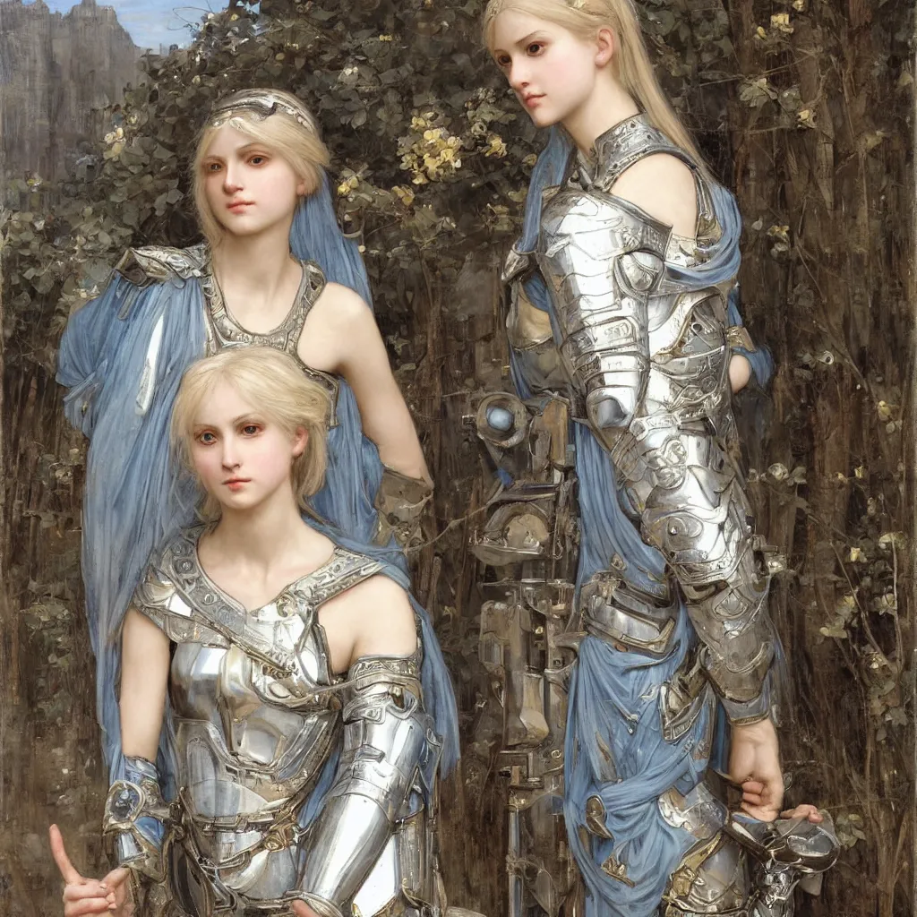 Prompt: a armored beautiful pale platinum - blonde young woman with light blue eyes, soft gaze, a golden round halo around her head, wearing a fine decorated silver breastplate, painted by john william waterhouse : : 0. 5, epic fantasy, masterpiece, portrait, fine art, digital art, detailed, ultra - hd, cinematic, volumetric, intricate