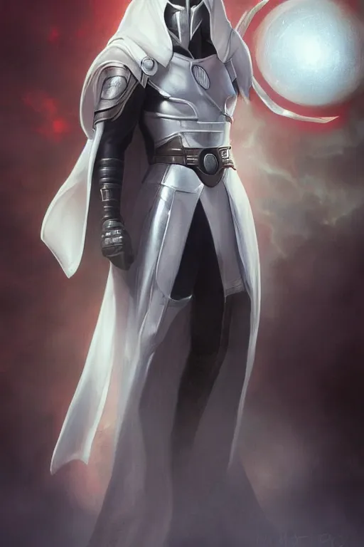 Image similar to characters portrait of Revan mixed with Moon knight by ArtGerm and Tom Bagshaw, merged character, Full body shot, cinematic opening shot, 4k, highly detailed, cinematic lighting