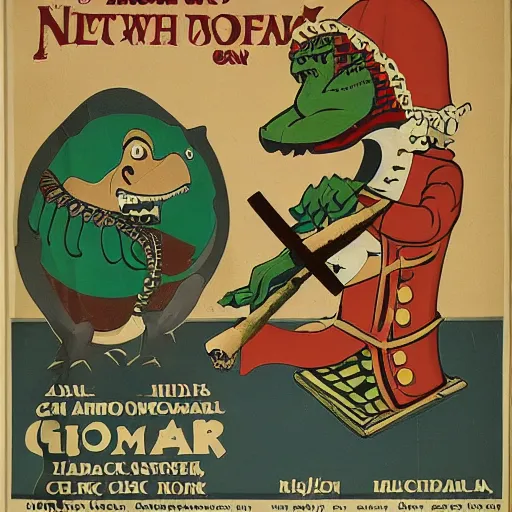 Image similar to a poster featuring a humanoid crocodile smoking a cigar, a hawk with a black cross shaped sword