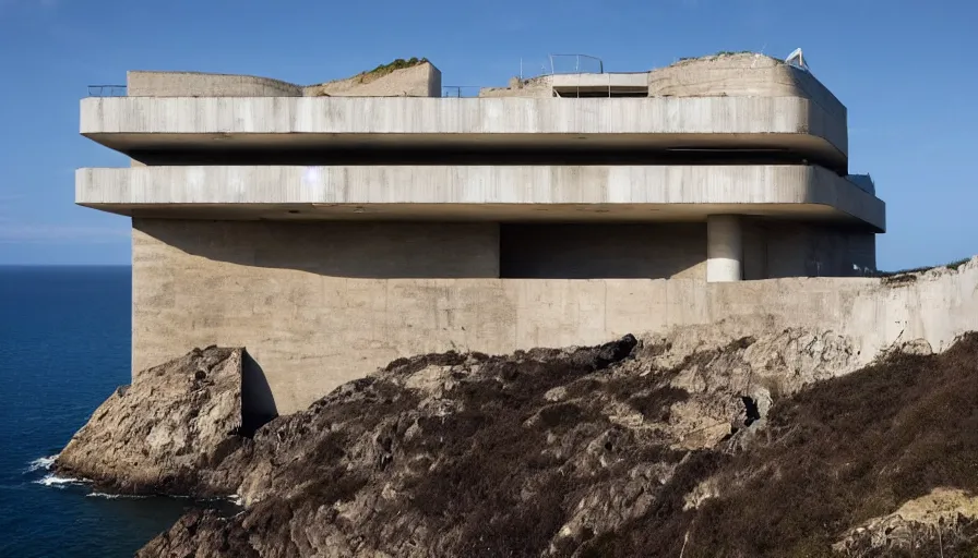 Prompt: big base brutalist perched on a cliff overlooking a magnificient bay, brutalism architecture on cliffs, drawing architecture, pritzker architecture prize, greig fraser