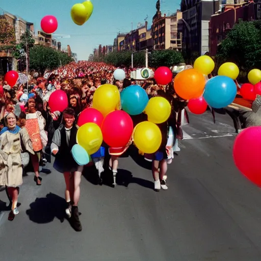 Image similar to A large group of people parading through the street holding lots of balloons, calm afternoon, natural lighting, 1990s