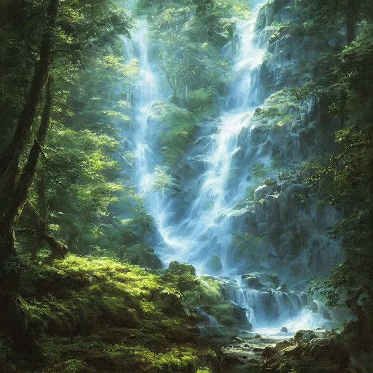 Image similar to A beautiful oil painting of a very tall waterfall on a very rocky cliff, in the middle of a huge forest of trees with bright blue glowing leaves, by Greg Rutkowski