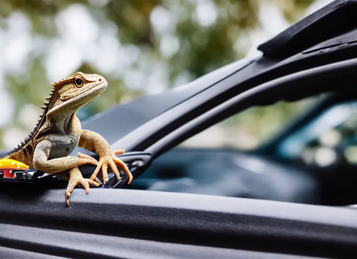 Image similar to dslr portrait still of a bearded dragon driving a little toy car, 8 k 8 5 mm f 1. 4