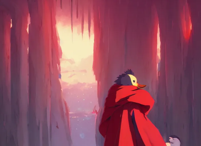 Image similar to cute fluffy mallard duck wearing red cultist robe, details, fantasy, epic, ancient sacrificial altar, landscape illustration concept art anime key visual trending pixiv fanbox by wlop and greg rutkowski and makoto shinkai and studio ghibli and kyoto animation symmetrical facial features