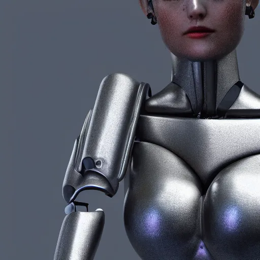 Prompt: womanized humanoid robot made of steel, unreal engine, ray tracing, 8 k, uhd, ultrarealistic, highly detailed