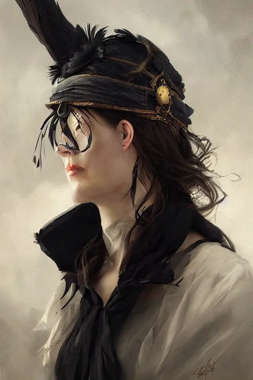 Image similar to hyper realistic portrait painting, beautifully rendered, gorgeous young witch with ceremonial markings and black feathers painted by greg rutkowski, wlop, artgerm, dishonored 2