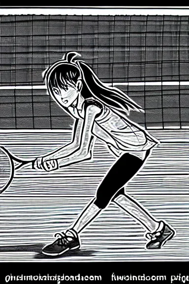 Image similar to slim girl playing tennis, black and white artwork in manga style, made by kentaro miura