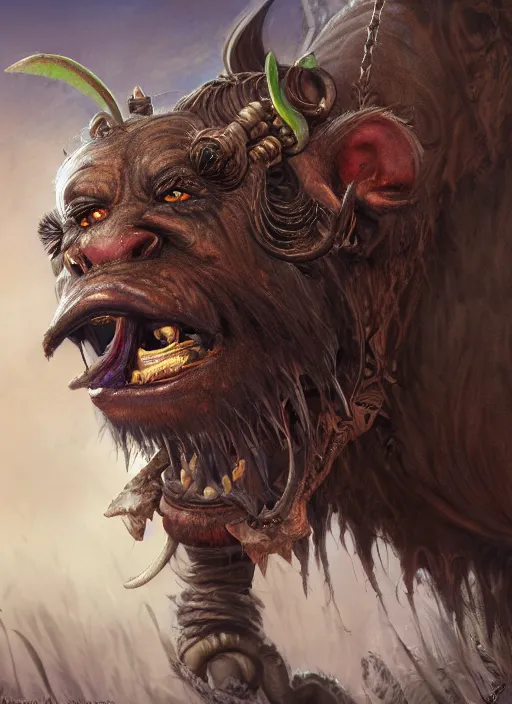 Prompt: , brown orc with tusks, detailed eyes, cute, fantasy, intricate, highly detailed, digital painting, 4k, HDR, concept art, smooth, sharp focus, illustration, by Wayne Reynolds