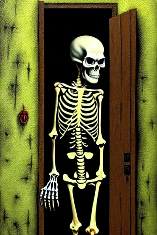 Prompt: a hyperrealistic painting of a skeleton walking into a boarded up haunted house, cinematic horror by jimmy alonzo, the art of skinner, chris cunningham, richard corben, highly detailed, vivid color,