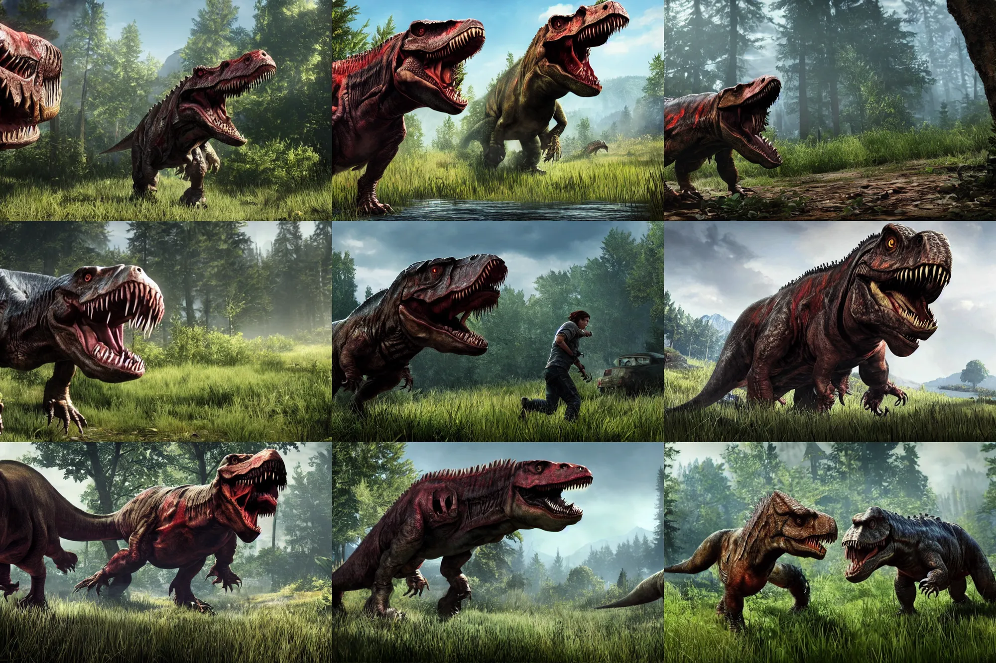 Prompt: a promotional gameplay screenshot of a tyrannosaurus rex in the video game the last of us. 3 d rendering. very detailed