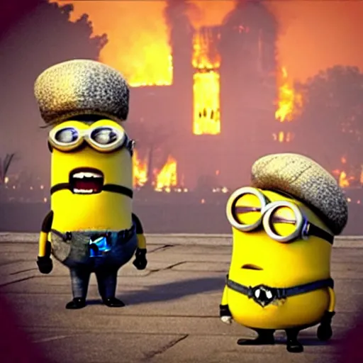 Image similar to “minions laughing as the Notre dame burns behind them”