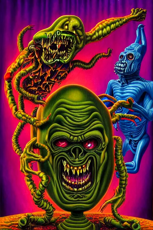 Image similar to a hyperrealistic painting of a grandiose boss fight against evil television, cinematic horror by jimmy alonzo, the art of skinner, chris cunningham, lisa frank, richard corben, highly detailed, vivid color,