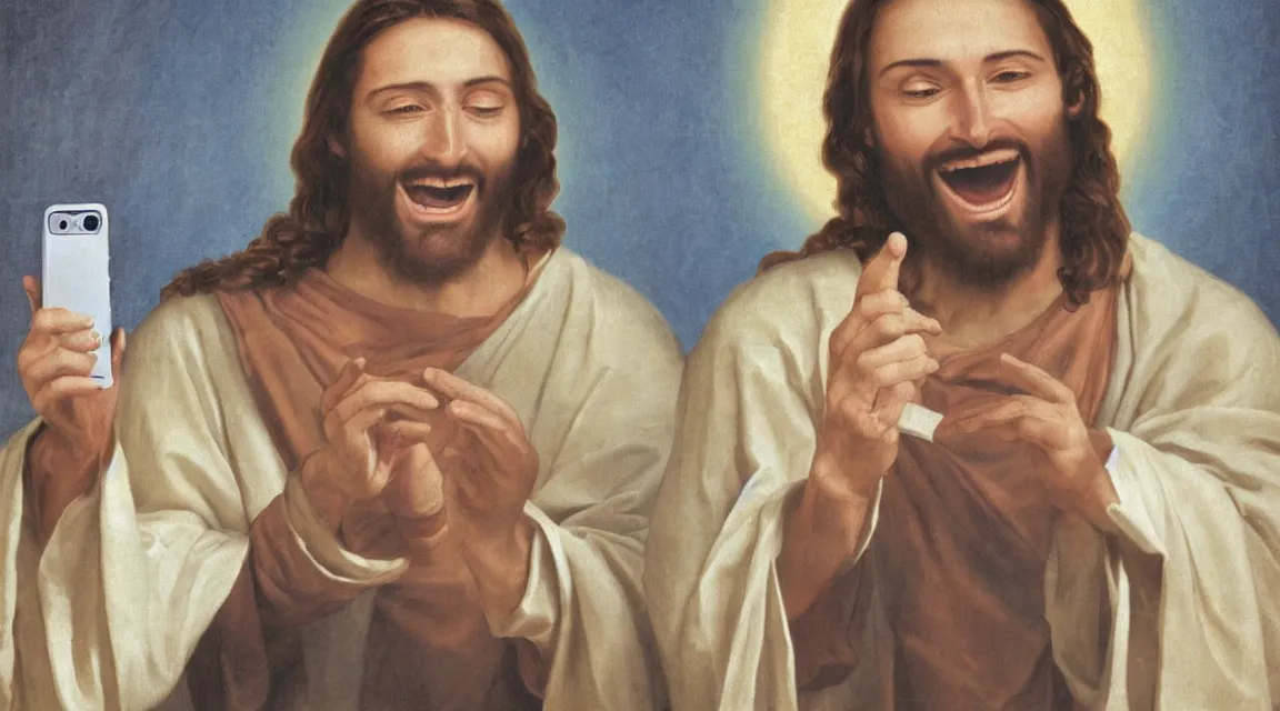 Image similar to portrait of one Jesus laughin because see a meme in him cellphone, no letters, one person